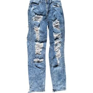 American Eagle Distressed Mom Jeans Size 2 Reg Blue High Waisted Stretch Denim